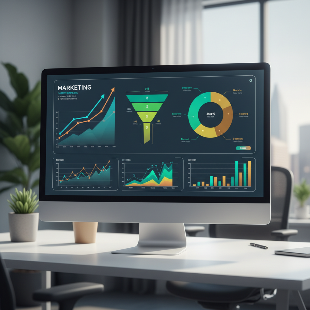 Marketing analytics dashboard showing conversion funnels and performance metrics