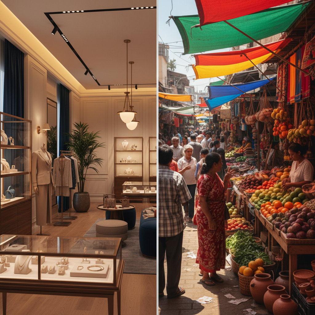 Split image showing upscale boutique versus busy street market - the barbell market concept